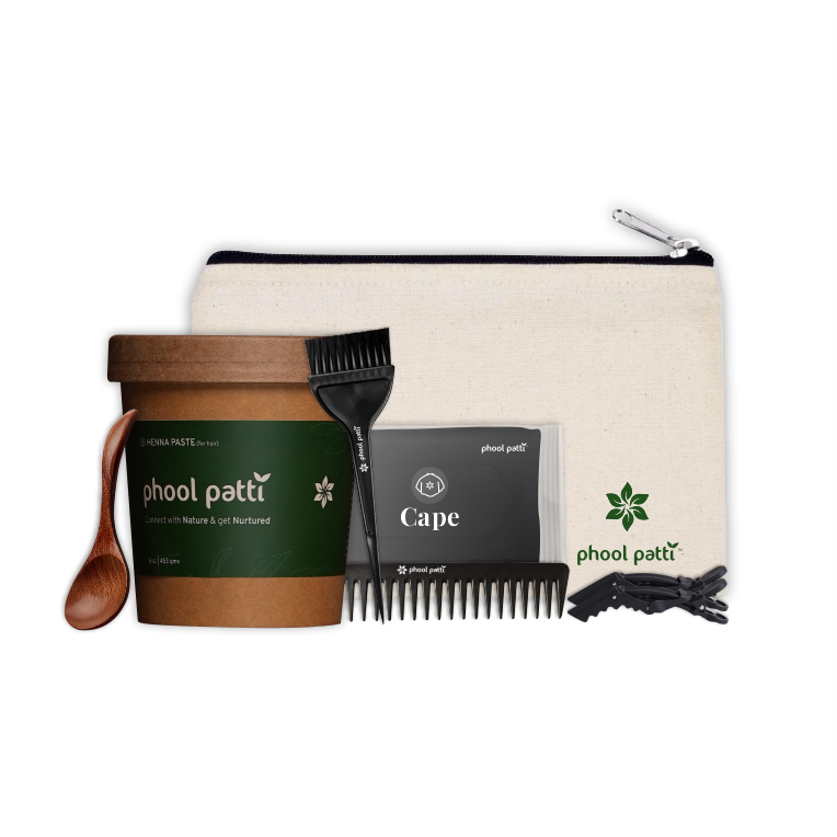 Includes: 16oz Henna Paste, a cape, applicator brush, spoon, comb, 4 sectioning clips and a zipper pouch.